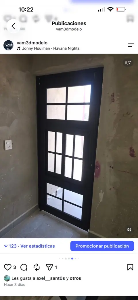 Puerta oscura con paneles cuadriculados, vista desde el interior